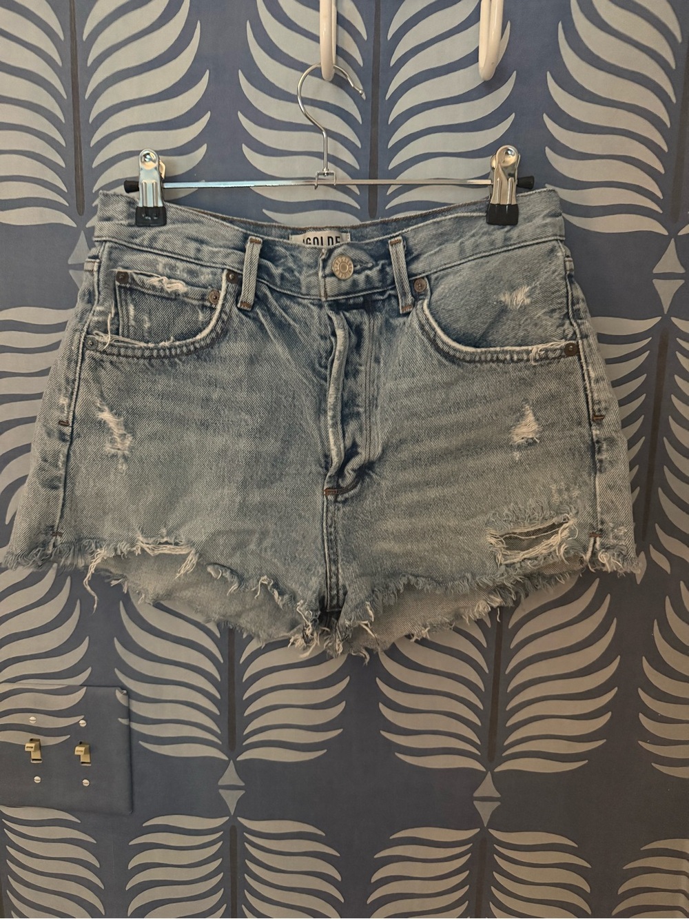 Agolde Light Blue Distressed Denim Shorts